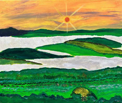 Golden Sunrise Over Green Hills